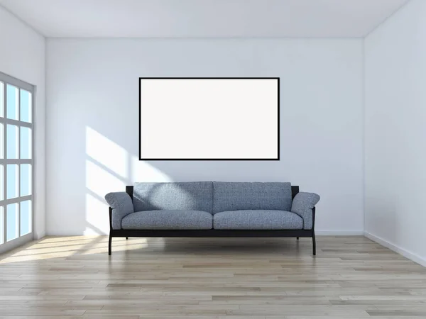 Moderno apartamento de interiores luminosos com moldura de cartaz mockup 3D renderização — Fotografia de Stock