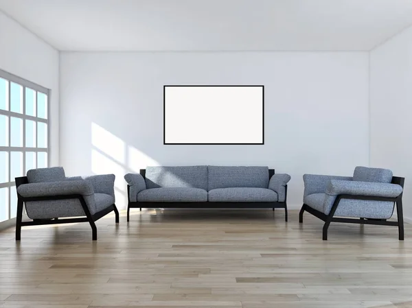Moderno apartamento de interiores luminosos con marco de póster maqueta 3D renderizado — Foto de Stock