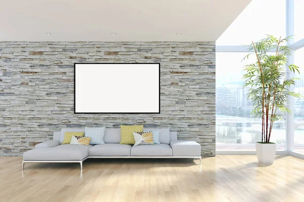 Apartemen interior terang modern dengan bingkai poster 3D mockup — Stok Foto