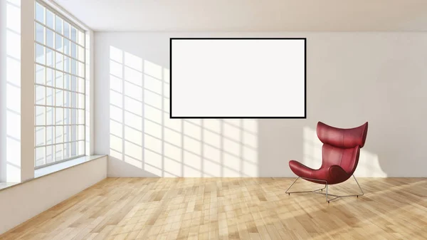 Moderno apartamento de interiores luminosos con marco de póster maqueta 3D renderizado —  Fotos de Stock