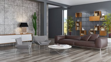 büyük lüks modern parlak iç oturma odası illüstrasyon 3d