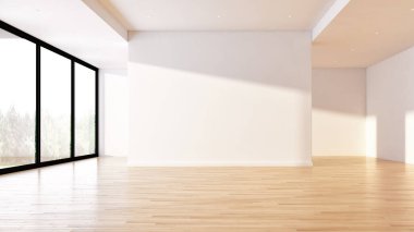 Beyaz, boş bir İskandinav odası iç tasviri 3D
