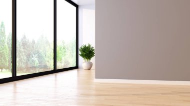 Beyaz, boş bir İskandinav odası iç tasviri 3D