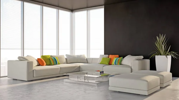 Large luxury modern minimal bright interiors room mockup illustr — Stock Photo, Image