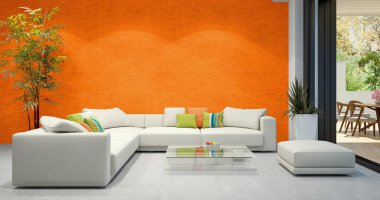 Büyük lüks, modern, parlak iç mekanlar. Oturma odası tasviri. 3D görüntüleme.