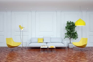 Büyük lüks, modern, parlak iç mekanlar. Oturma odası tasviri. 3D görüntüleme.