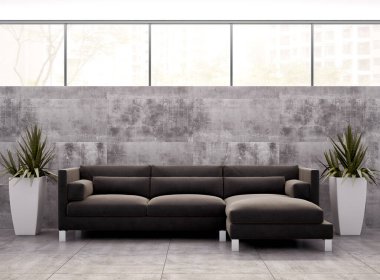 Büyük lüks, modern, parlak iç mekanlar. Oturma odası tasviri. 3D görüntüleme.