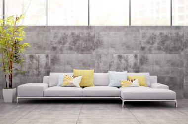 Büyük lüks, modern, parlak iç mekanlar. Oturma odası tasviri. 3D görüntüleme.