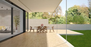 Büyük lüks, modern, parlak iç mekanlar. Oturma odası tasviri. 3D görüntüleme.