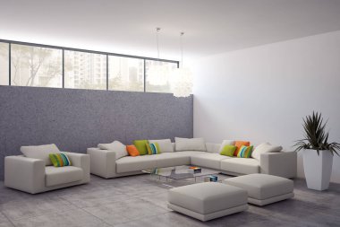 Büyük lüks, modern, parlak iç mekanlar. Oturma odası tasviri. 3D görüntüleme.