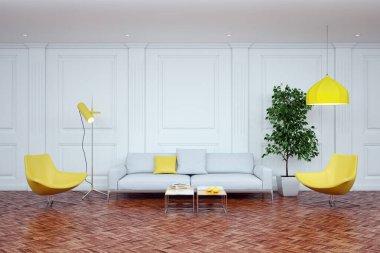 Büyük lüks, modern, parlak iç mekanlar. Oturma odası tasviri. 3D görüntüleme.