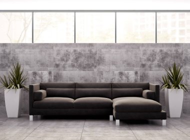 Büyük lüks, modern, parlak iç mekanlar. Oturma odası tasviri. 3D görüntüleme.