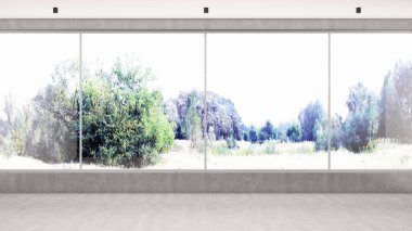 Büyük lüks, modern, parlak iç mekanlar. Oturma odası tasviri. 3D görüntüleme.