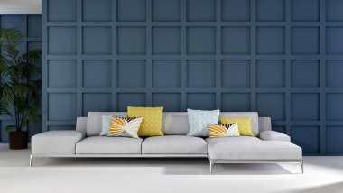 Büyük lüks, modern, parlak iç mekanlar. Oturma odası tasviri. 3D görüntüleme.