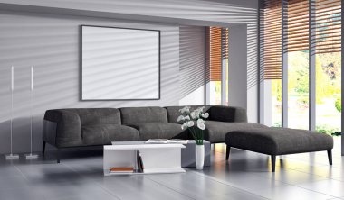 Büyük lüks, modern, parlak iç mekanlar. Oturma odası tasviri. 3D görüntüleme.