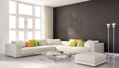 Büyük lüks, modern, parlak iç mekanlar. Oturma odası tasviri. 3D görüntüleme.