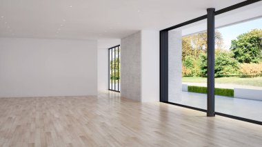 Büyük lüks, modern, parlak iç mekanlar. Oturma odası tasviri. 3D görüntüleme.