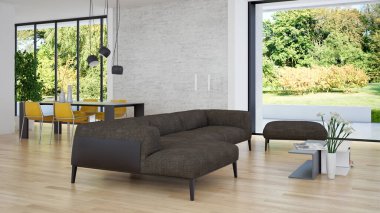 Büyük lüks, modern, parlak iç mekanlar. Oturma odası tasviri. 3D görüntüleme.