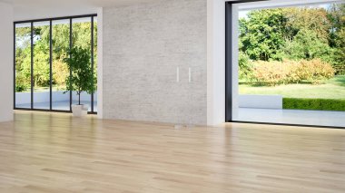 Büyük lüks, modern, parlak iç mekanlar. Oturma odası tasviri. 3D görüntüleme.