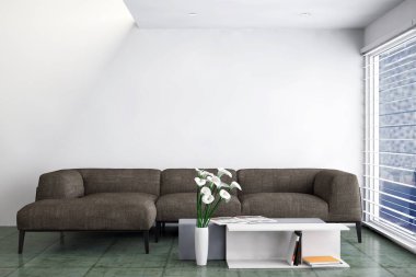 Büyük lüks, modern, parlak iç mekanlar. Oturma odası tasviri. 3D görüntüleme.