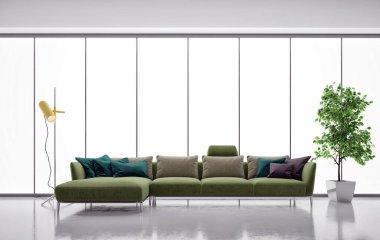 Büyük lüks, modern, parlak iç mekanlar. Oturma odası tasviri. 3D görüntüleme.