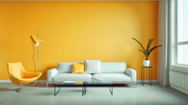 Büyük lüks, modern, parlak iç mekanlar. Oturma odası tasviri. 3D görüntüleme.