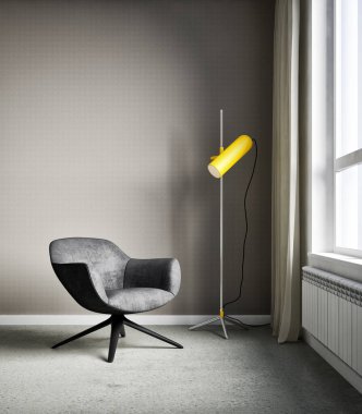 Büyük lüks, modern, parlak iç mekanlar. Oturma odası tasviri. 3D görüntüleme.