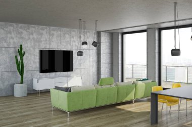 Büyük lüks, modern, parlak iç mekanlar. Oturma odası tasviri. 3D görüntüleme.