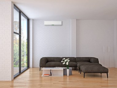 Büyük lüks, modern, aydınlık bir oturma odası. Klima modelleme çizimi 3D.