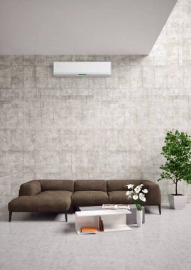 Büyük lüks, modern, aydınlık bir oturma odası. Klima modelleme çizimi 3D.