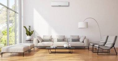 Büyük lüks, modern, aydınlık bir oturma odası. Klima modelleme çizimi 3D.