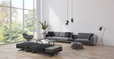 Büyük lüks, modern, parlak iç mekanlar. Oturma odası tasviri. 3D görüntüleme.