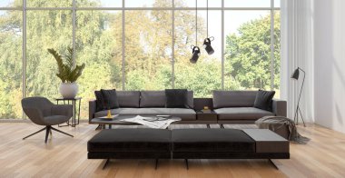 Büyük lüks, modern, parlak iç mekanlar. Oturma odası tasviri. 3D görüntüleme.