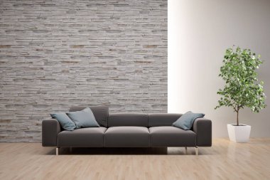 Büyük lüks, modern, parlak iç mekanlar. Oturma odası tasviri. 3D görüntüleme.