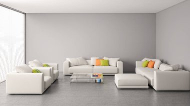 Büyük lüks, modern, parlak iç mekanlar. Oturma odası tasviri. 3D görüntüleme.