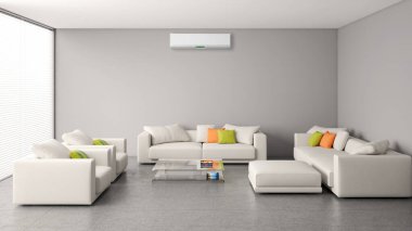 Büyük lüks, modern, aydınlık bir oturma odası. Klima modelleme çizimi 3D.