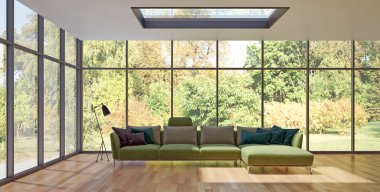 Büyük lüks, modern, parlak iç mekanlar. Oturma odası tasviri. 3D görüntüleme.