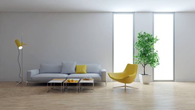 Büyük lüks, modern, parlak iç mekanlar. Oturma odası tasviri. 3D görüntüleme.