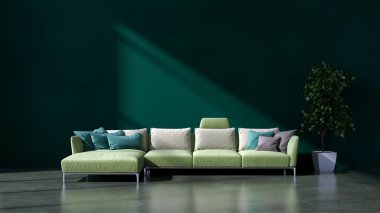 Büyük lüks, modern, parlak iç mekan oturma odası tasviri 3D dijital görüntüleme.