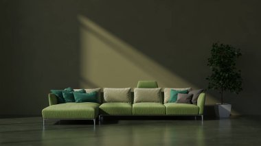 Büyük lüks, modern, parlak iç mekan oturma odası tasviri 3D dijital görüntüleme.