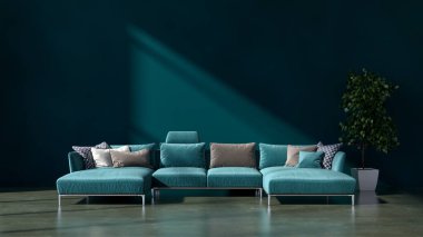 Büyük lüks, modern, parlak iç mekan oturma odası tasviri 3D dijital görüntüleme.