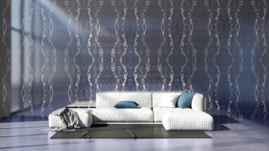 Büyük lüks, modern, parlak iç mekan oturma odası tasviri 3D dijital görüntüleme.