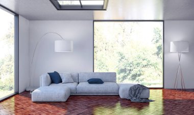 Büyük lüks, modern, parlak iç mekan oturma odası tasviri 3D dijital görüntüleme.