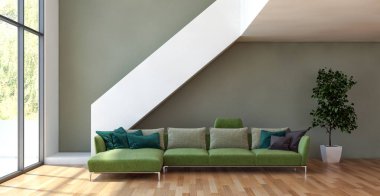 Büyük lüks, modern, parlak iç mekan oturma odası tasviri 3D dijital görüntüleme.