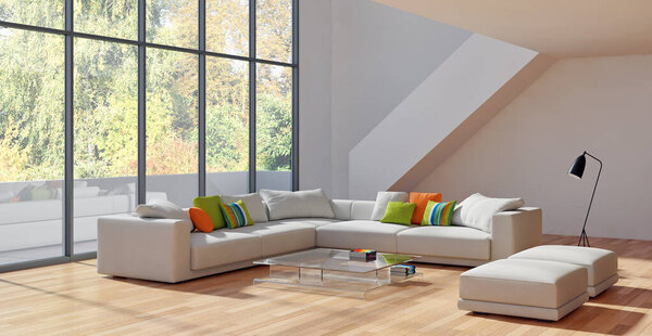 Large luxury modern bright interiors Living room mockup illustration 3D rendering computer digitally generated imag