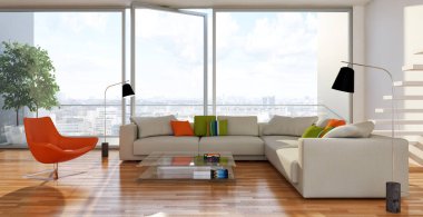 Büyük lüks, modern, parlak iç mekanlar. Oturma odası tasviri. 3D görüntüleme.