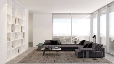 Büyük lüks, modern, parlak iç mekanlar. Oturma odası tasviri. 3D görüntüleme.