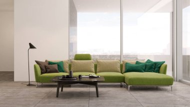 Büyük lüks, modern, parlak iç mekanlar. Oturma odası tasviri. 3D görüntüleme.