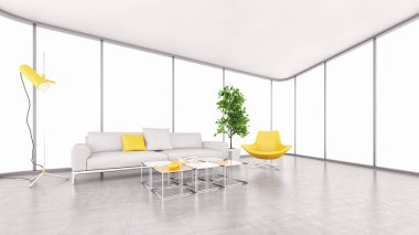 Büyük lüks, modern, parlak iç mekanlar. Oturma odası tasviri. 3D görüntüleme.