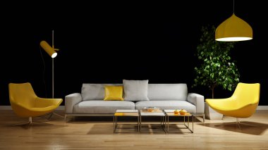 Büyük lüks, modern, parlak iç mekanlar. Oturma odası tasviri. 3D görüntüleme.